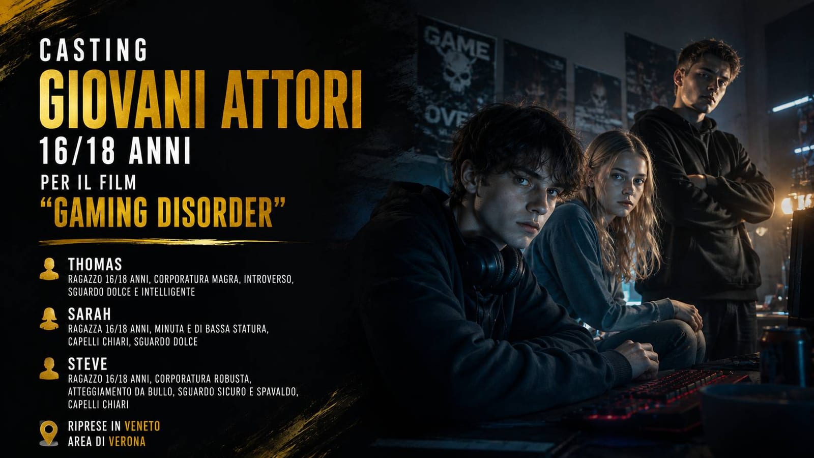 Casting giovani attori 16/18 anni per film "Gaming Disorder" a Verona