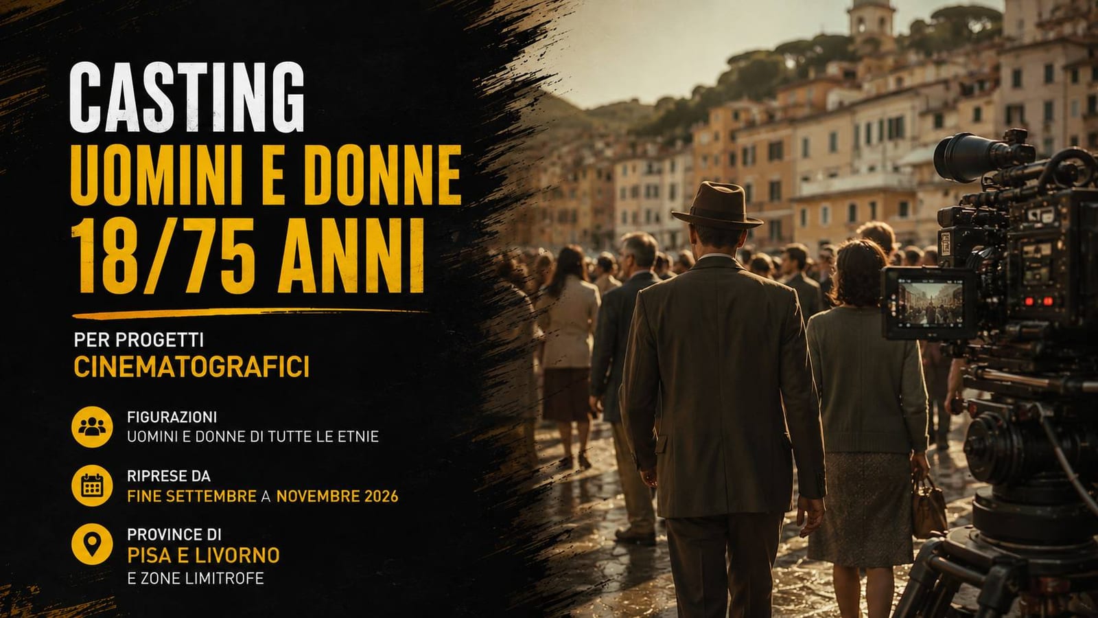 Casting uomini e donne 18/75 anni per progetto cinematografico a Pisa e Livorno